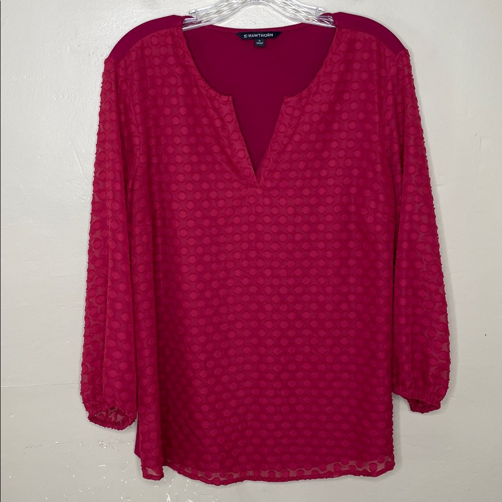 41 HAWTHORN Burgundy Tunic Top Polka Dot Split Neckline Popover Large
